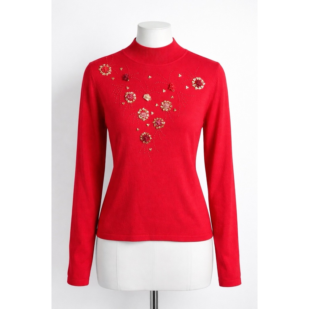 Sconosophia Japanese Red Embellished Knit Top Floral Beaded Mock Neck Small